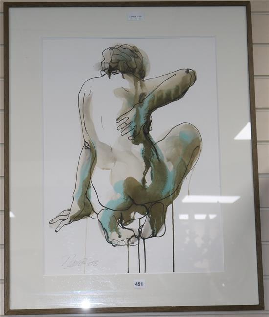 Maude du Jeu, ink and watercolour, female nude, signed and dated 03, 70 x 52cm